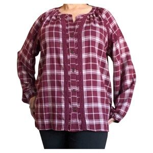 Kate & Sam Women’s Burgundy Plaid Button-Down V-Neckline Bohemian Blouse Size XL